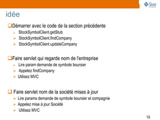 idée
Démarrer avec le code de la section précédente
   StockSymbolClient.getStub
   StockSymbolClient.findCompany
   StockSymbolClient.updateCompany


Faire servlet qui regarde nom de l'entreprise
   Lire param demande de symbole boursier
   Appelez findCompany
   Utilisez MVC


 Faire servlet nom de la société mises à jour
   Lire params demande de symbole boursier et compagnie
   Appelez mise à jour Société
   Utilisez MVC
                                                           19
 