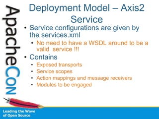 Better APIs, Hot Deployment and other capabilitiesAxis2 FeaturesHigh performance XML processing model