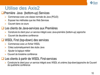 Utilise des Axis2
Première Java (bottom-up) Services
   Commencez avec une classe normale de Java (POJO)
   Exposer les méthodes que les Web Services
   Couvert dans ce cours

 Les clients de Java-services aux Premières
   Construire le client pour un service intégré avec Java-première (bottom-up) approche
   Couvert de deuxième conférence

 WSDL First (top-down) des services
   Commencez avec un fichier WSDL
   Créez automatiquement des stubs Java
   Ajouter la logique métier
   Couvert de troisième conférence

 Les clients à partir de WSDL First-services
   Construire le client pour un service intégré avec WSDL et unième (top-down)approche de Couvert
     de quatrième conférence


                                                                                            10
 