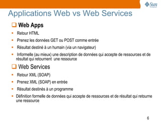 Applications Web vs Web Services
 Web Apps
 Retour HTML
 Prenez les données GET ou POST comme entrée
 Résultat destiné à un humain (via un navigateur)
 Informelle (au mieux) une description de données qui accepte de ressources et de
  résultat qui retournent une ressource
 Web Services
 Retour XML (SOAP)
 Prenez XML (SOAP) en entrée
 Résultat destinés à un programme
 Définition formelle de données qui accepte de ressources et de résultat qui retourne
  une ressource


                                                                                  6
 