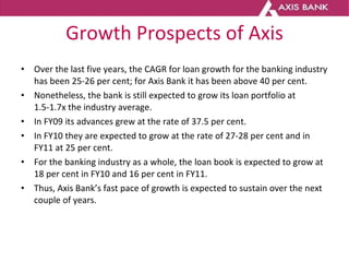 Growth Prospects of Axis <ul><li>Over the last five years, the CAGR for loan growth for the banking industry has been 25-2...