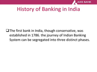 History of Banking in India <ul><li>The first bank in India, though conservative, was established in 1786. the journey of ...