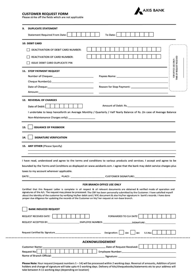 Axis bank cheque request form