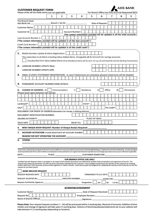 Axis Bank Cheque Request Form