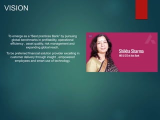 VISION
To emerge as a “Best practices Bank” by pursuing
global benchmarks in profitability, operational
efficiency , asset quality, risk management and
expanding global reach.
To be preferred financial solution provider excelling in
customer delivery through insight , empowered
employees and smart use of technology.
 