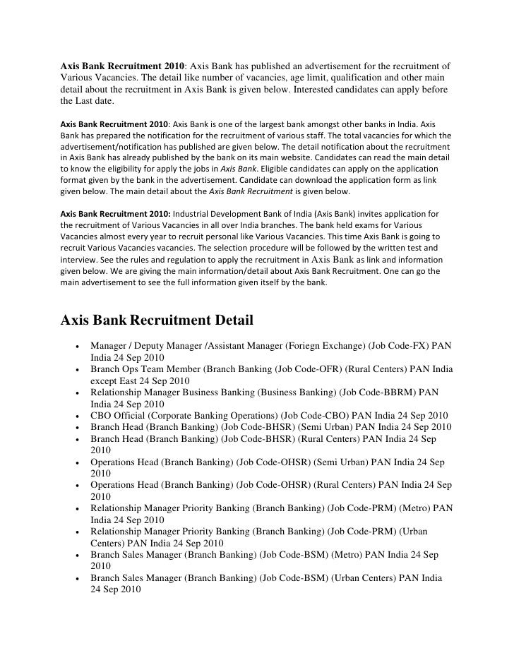 Axis Bank Jobs Notification of Various Staff