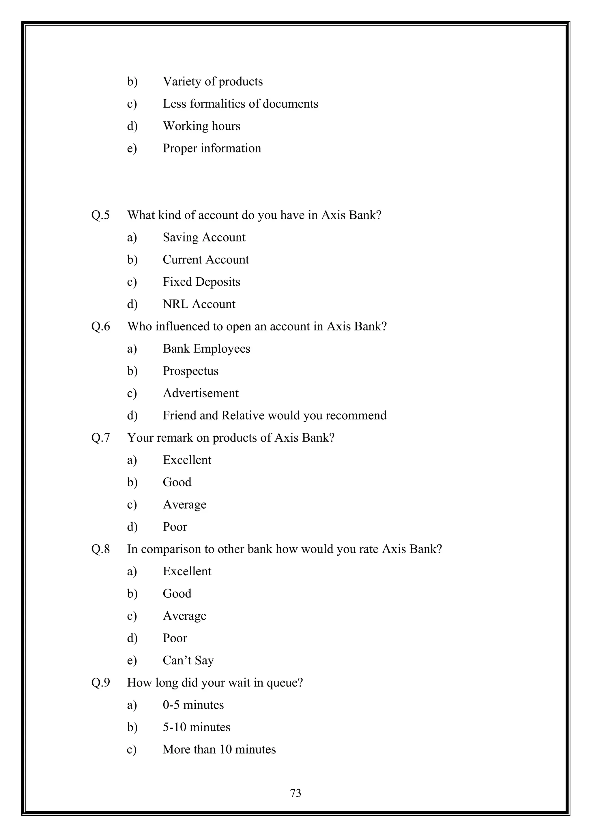 b) Variety of products
c) Less formalities of documents
d) Working hours
e) Proper information
Q.5 What kind of account do you have in Axis Bank?
a) Saving Account
b) Current Account
c) Fixed Deposits
d) NRL Account
Q.6 Who influenced to open an account in Axis Bank?
a) Bank Employees
b) Prospectus
c) Advertisement
d) Friend and Relative would you recommend
Q.7 Your remark on products of Axis Bank?
a) Excellent
b) Good
c) Average
d) Poor
Q.8 In comparison to other bank how would you rate Axis Bank?
a) Excellent
b) Good
c) Average
d) Poor
e) Can’t Say
Q.9 How long did your wait in queue?
a) 0-5 minutes
b) 5-10 minutes
c) More than 10 minutes
73
 