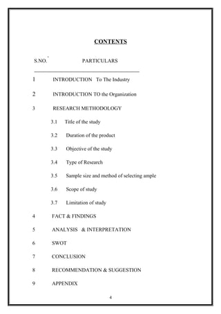 CONTENTS
S.NO. PARTICULARS
1 INTRODUCTION To The Industry
2 INTRODUCTION TO the Organization
3 RESEARCH METHODOLOGY
3.1 Title of the study
3.2 Duration of the product
3.3 Objective of the study
3.4 Type of Research
3.5 Sample size and method of selecting ample
3.6 Scope of study
3.7 Limitation of study
4 FACT & FINDINGS
5 ANALYSIS & INTERPRETATION
6 SWOT
7 CONCLUSION
8 RECOMMENDATION & SUGGESTION
9 APPENDIX
4
 