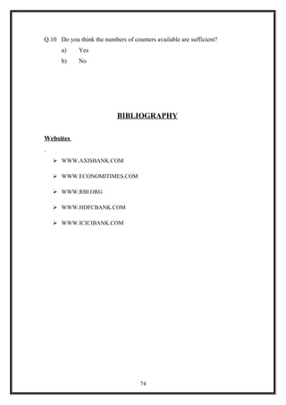 Q.10 Do you think the numbers of counters available are sufficient?
a) Yes
b) No
BIBLIOGRAPHY
Websites
.
 WWW.AXISBANK.COM
 WWW.ECONOMITIMES.COM
 WWW.RBI.ORG
 WWW.HDFCBANK.COM
 WWW.ICICIBANK.COM
74
 