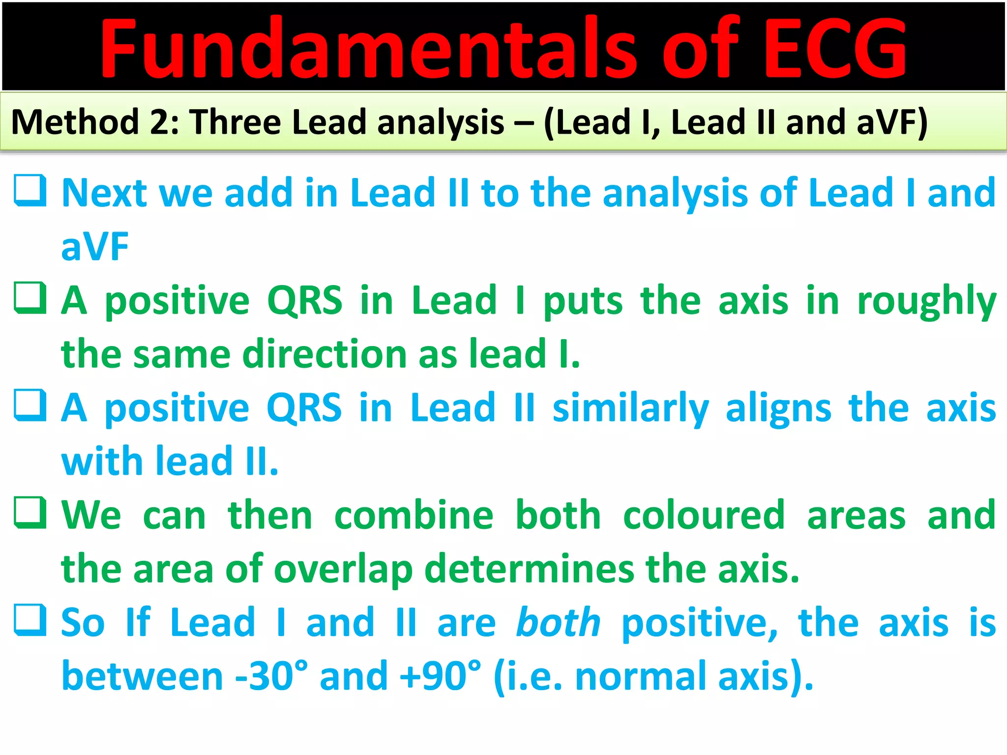 Fundamentals of ECG
Method 2: Three Lead analysis – (Lead I, Lead II and aVF)
 Next we add in Lead II to the analysis of Lead I and
aVF
 A positive QRS in Lead I puts the axis in roughly
the same direction as lead I.
 A positive QRS in Lead II similarly aligns the axis
with lead II.
 We can then combine both coloured areas and
the area of overlap determines the axis.
 So If Lead I and II are both positive, the axis is
between -30° and +90° (i.e. normal axis).
 