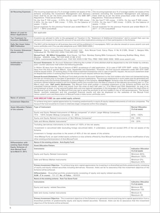 (ii) Recurring Expenses    The recurring expenses as a % of average weekly net assets of the    The recurring expenses as a % of average weekly net assets of the
                           Scheme (including the Investment Management and Advisory             Scheme (including the Investment Management and Advisory
                           Fees) shall be as per the limits prescribed under the SEBI (MF)      Fees) shall be as per the limits prescribed under the SEBI (MF)
                           Regulations. These are as follows:                                   Regulations. These are as follows:
                           On the first ` 100 crores - 2.25%; On the next ` 300 crores -        On the first ` 100 crores - 2.50%; On the next ` 300 crores -
                           2.00%; On the next ` 300 crores - 1.75%; On the balance of           2.25%; On the next ` 300 crores - 2.00%; On the balance of
                           assets - 1.50%.                                                      assets - 1.75%.
                           Actual expenses for the previous financial year ended March 31,      Actual expenses for the previous financial year ended March 31,
                           2011 - 1.99% (unaudited)                                             2011 - 2.12% (unaudited)

Waiver of Load for         Not applicable
Direct Applications
Tax Treatment for          Investors are advised to refer to the paragraph on Taxation in the “Statement of Additional Information” and to consult their own tax
Investors (Unitholders)    advisors with respect to the specific amount of tax and other implications arising out of their participation in the Scheme.

Daily Net Asset Value      The NAV will be declared on all business days and will be published in 2 newspapers. NAV can also be viewed on www.axismf.com and
(NAV) Publication          www.amfiindia.com [You can also telephone us at 1800 3000 3300.]

For Investor Grievances    Registrar - Karvy Computershare Private Limited, Unit - Axis Mutual Fund, Karvy Plaza, H No 8-2-596, Street 1, Banjara Hills,
please contact             Hyderabad 34. TEL 040 2331 2454 FAX 040 2331 1968
                           Mutual Fund - Mr Milind Vengurlekar, Axis House, 1st Floor, Bombay Dyeing Mills Compound, Pandurang Budhkar Marg, Worli,
                           Mumbai - 400025, India. TEL 022 4325 4138/ 4123
                           E-MAIL customerservice@axismf.com FAX 022 4325 5199 TOLL FREE 1800 3000 3300 WEB www.axismf.com
Unithholder’s              Account Statements: An Account Statement reflecting the number of Units allotted shall be dispatched to the Unit Holder by ordinary
Information                post / courier/ electronic mail within the following periods:
                           (i) Within 30 days from the date of closure of NFO/ acceptance of valid application. (ii) In case of SIP/ STP/ SWP - within 10 working
                           days from the end of quarter (March, June, September and December). However, the first account statement under SIP/ STP/ SWP
                           shall be issued within 10 working days of the initial investment/transaction and in case of specific request, the account statement shall
                           be despatched within 5 working days from the receipt of such request without any charges.
                           Annual Account Statement: The Mutual Fund shall provide the Account Statement to the Unit holders who have not transacted during
                           the last six months prior to the date of generation of account statements. The account statements in such cases may be generated and
                           issued along with the Portfolio Statement or Annual Report of the Scheme. Annual Report: Scheme-wise Annual Report or an abridged
                           summary thereof shall be mailed to all Unit Holders within four months from the date of closure of the relevant accounting year i.e. 31st
                           March each year. Half yearly disclosures: The Mutual Fund shall publish a complete statement of the Scheme portfolio and the
                           unaudited financial results, within one month from the close of each half year (i.e. 31st March and 30th September), by way of an
                           advertisement at least, in one national English daily and one regional newspaper in the language of the region where the head office of
                           the Mutual Fund is located. The Mutual Fund may opt to send the portfolio to all Unit holders in lieu of the advertisement. The Annual
                           Report, portfolio statement and the unaudited financial results will also be displayed on the websites of the Mutual Fund
                           (www.axismf.com) and Association of Mutual Funds in India (www.amfiindia.com).
Name of scheme             AXIS MIDCAP FUND (an open-ended equity scheme)
Investment Objective       To achieve long term capital appreciation by investing predominantly in equity & equity related instruments of mid size companies. The
                           focus of the fund would be to invest in relatively larger companies within this category.
Asset Allocation Pattern   Type of Instrument                                                                                                  Normal Allocation
of the scheme                                                                                                                                  (% of net assets)
                           Equity and Equity Related Instruments of Midcap companies# of which: Larger Midcap Companies -
                           75% - 100% Smaller Midcap Companies - 0 - 25%                                                                       80% - 100%
                           Equity and Equity Related Instruments of Non Midcap Companies#                                                      0% - 20%
                           Debt and Money Market Instruments*#                                                                                 0% - 20%
                           #
                               Including derivatives instruments to the extent of 100% of the net assets.
                           *
                             Investment in securitized debt (excluding foreign securitized debt), if undertaken, would not exceed 20% of the net assets of the
                           Scheme.
                           Investment in foreign securities to the extent of 40% of the net assets of the scheme.
                           'Axis Midcap Fund, an open ended equity scheme is a new scheme offered by Axis Mutual Fund and is not a minor modification of any
                           other existing scheme/product of Axis Mutual Fund.
Differentiation with       Name of the existing scheme - Axis Equity Fund
existing Open Ended        Asset Allocation Pattern
Equity Schemes of
Axis Mutual Fund           Instruments                                                                                                         Indicative Allocation
(as on March 31, 2011)                                                                                                                         (% of net assets)
                           Equity and Equity Related Instruments                                                                               Minimum 80%;
                                                                                                                                               Maximum 100%
                           Debt and Money Market Instruments                                                                                   Minimum 0%;
                                                                                                                                               Maximum 20%
                           Primary Investment Objective - To achieve long term capital appreciation by investing in a diversified portfolio predominantly consisting
                           of equity and equity related securities including derivatives. However, there can be no assurance that the investment objective of the
                           Scheme will be achieved.
                           Differentiation - Diversified portfolio predominantly consisting of equity and equity related securities.
                           AUM (` In crores) - 731.27; No. of Folios - 183323
                           Name of the existing scheme - Axis Tax Saver Fund
                           Instruments                                                                                                         Indicative Allocation
                                                                                                                                               (% of net assets)
                           Equity and equity- related Securities                                                                               Minimum 80;
                                                                                                                                               Maximum 100
                           Debt and money market instruments                                                                                   Minimum 0;
                                                                                                                                               Maximum 20
                           Primary Investment Objective - The investment objective of the Scheme is to generate income and long-term capital appreciation from a
                           diversified portfolio of predominantly equity and equity-related securities. However, there can be no assurance that the investment
                           objective of the Scheme will be achieved.

8
 