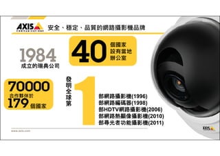 合作夥伴於 
www.axis.com 
安全、穩定、品質的網路攝影機品牌 
成立的瑞典公司 
個國家 
發明全球第 
個國家 
設有當地 
辦公室 
部網路攝影機(1996) 
部網路編碼器(1998) 
部HDTV網路攝影機(2006) 
部網路熱顯像攝影機(2010) 
部尋光者功能攝影機(2011) 
 