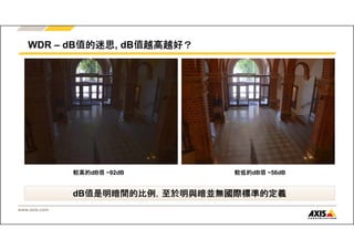 WDR – dB值的迷思, dB值越高越好？ 
www.axis.com 
較高的dB值~92dB 較低的dB值~56dB 
dB值是明暗間的比例，至於明與暗並無國際標準的定義 
 