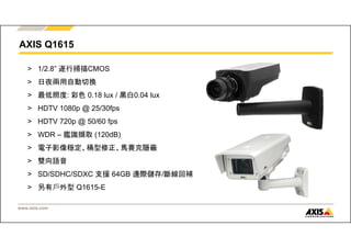 AXIS Q1615 
> 1/2.8” 逐行掃描CMOS 
> 日夜兩用自動切換 
> 最低照度: 彩色0.18 lux / 黑白0.04 lux 
> HDTV 1080p @ 25/30fps 
> HDTV 720p @ 50/60 fps 
> WDR–鑑識擷取(120dB) 
> 電子影像穩定、桶型修正、馬賽克隱蔽 
> 雙向語音 
> SD/SDHC/SDXC 支援64GB 邊際儲存/斷線回補 
> 另有戶外型Q1615-E 
July Nov 
www.axis.com 
 