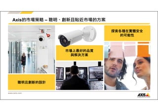 Axis的市場策略– 聰明、創新且貼近市場的方案 
聰明且創新的設計 
www.axis.com 
市場上最好的品質 
與解決方案 
探索各種在實體安全 
的可能性 
 