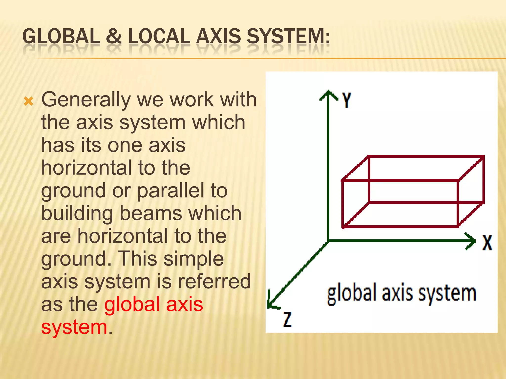 GLOBAL & LOCAL AXIS SYSTEM:


Generally we work with
the axis system which
has its one axis
horizontal to the
ground or parallel to
building beams which
are horizontal to the
ground. This simple
axis system is referred
as the global axis
system.

 