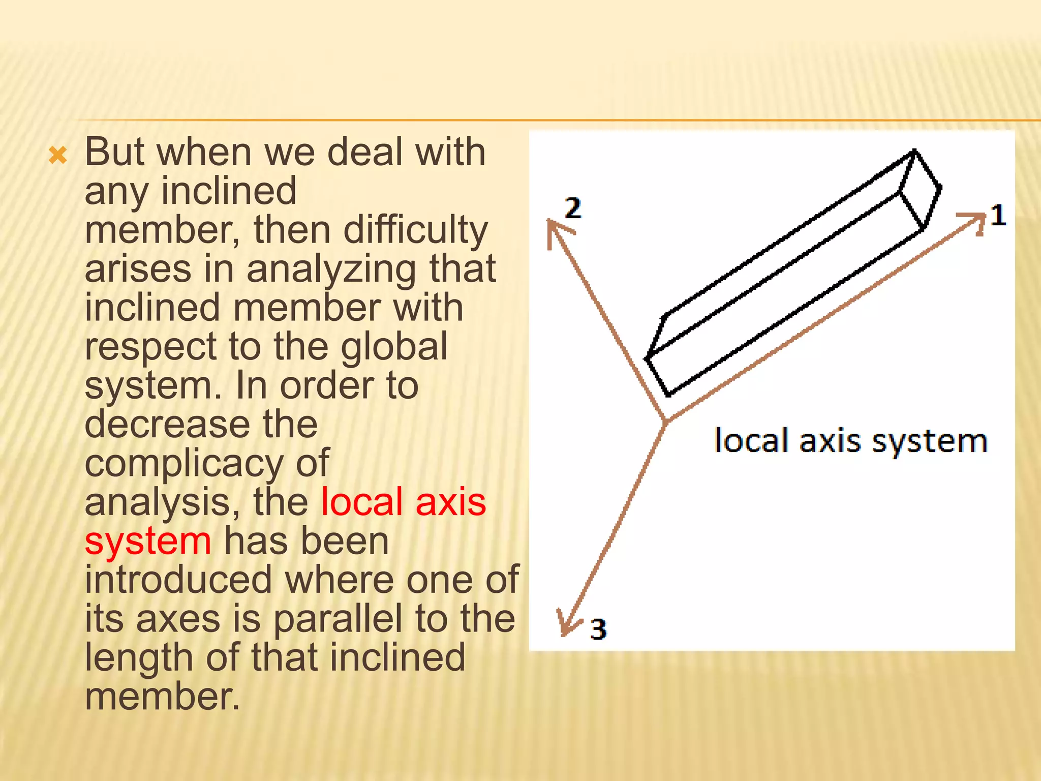 

But when we deal with
any inclined
member, then difficulty
arises in analyzing that
inclined member with
respect to the global
system. In order to
decrease the
complicacy of
analysis, the local axis
system has been
introduced where one of
its axes is parallel to the
length of that inclined
member.

 