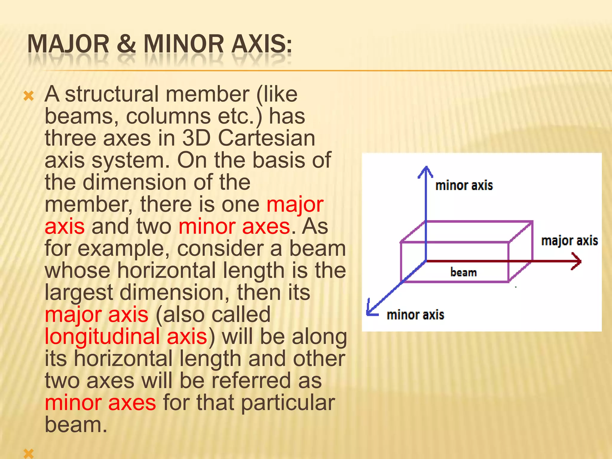 MAJOR & MINOR AXIS:


A structural member (like
beams, columns etc.) has
three axes in 3D Cartesian
axis system. On the basis of
the dimension of the
member, there is one major
axis and two minor axes. As
for example, consider a beam
whose horizontal length is the
largest dimension, then its
major axis (also called
longitudinal axis) will be along
its horizontal length and other
two axes will be referred as
minor axes for that particular
beam.

 