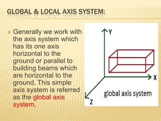 GLOBAL & LOCAL AXIS SYSTEM:


Generally we work with
the axis system which
has its one axis
horizontal to the
ground or parallel to
building beams which
are horizontal to the
ground. This simple
axis system is referred
as the global axis
system.

 