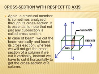CROSS-SECTION WITH RESPECT TO AXIS:




Again, a structural member
is sometimes analyzed
through its cross-section. It
is essential to note that not
just any cut-section is
called cross-section.
In case of beam, we cut the
beam vertically and found
its cross-section, whereas
we will not get the crosssection of a column if we
cut it vertically, instead we
have to cut it horizontally to
get the cross-section of a
column.

 