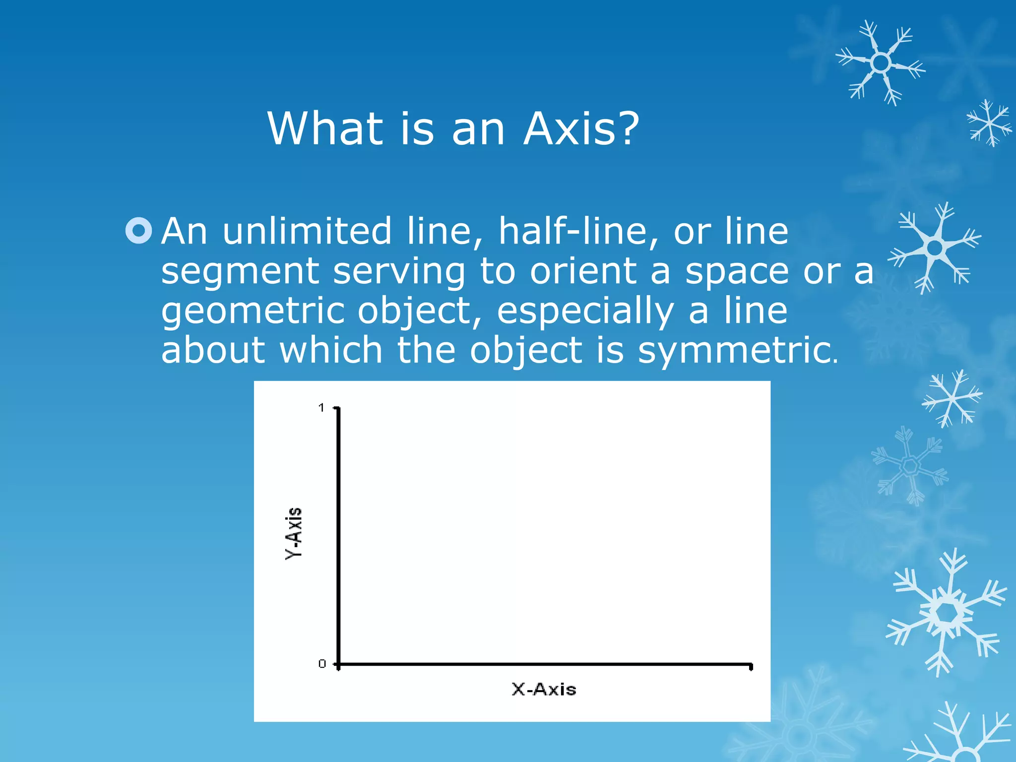 What is an Axis?
An unlimited line, half-line, or line
segment serving to orient a space or a
geometric object, especially a line
about which the object is symmetric.