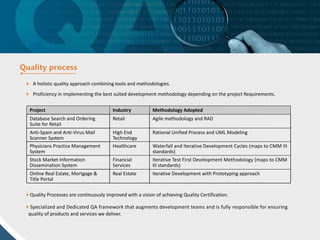  A holistic quality approach combining tools and methodologies.
 Proficiency in implementing the best suited development methodology depending on the project Requirements.
Real Estate
Financial
Services
Healthcare
High End
Technology
Retail
Industry
Iterative Development with Prototyping approachOnline Real Estate, Mortgage &
Title Portal
Iterative Test First Development Methodology (maps to CMM
III standards)
Stock Market Information
Dissemination System
Waterfall and Iterative Development Cycles (maps to CMM III
standards)
Physicians Practice Management
System
Rational Unified Process and UML ModelingAnti-Spam and Anti-Virus Mail
Scanner System
Agile methodology and RADDatabase Search and Ordering
Suite for Retail
Methodology AdoptedProject
Quality Processes are continuously improved with a vision of achieving Quality Certification.
Specialized and Dedicated QA framework that augments development teams and is fully responsible for ensuring
quality of products and services we deliver.
 