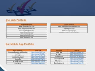 Magento Projects
www.unitedpetstore.com
www.reddressboutique.com
www.littlepassports.com
www.ndsnutrition.com
www.acuteshop.com
www.psychobrew.com
www.thinkchoco.com
Drupal Projects
www.menopause.northwestern.edu
www.vpmark.com
www.worshepedia.com
www.summeronthewaterfront.org
AndroidApps LiveLink
InterviewQuestionsHRandJob https://goo.gl/dRqT4p
H.V.A.C https://goo.gl/C5ISSw
InvestmentPlanner https://goo.gl/nrhuw5
DisciplineXgames https://goo.gl/plpYZ2
SingPost https://goo.gl/RZaMT5
NCVoteTracker https://goo.gl/OIVuJS
FrigiTemp https://goo.gl/kKIUtu
iOSApps LiveLink
NiceCAB https://goo.gl/eR60n7
H.V.A.C https://goo.gl/ISd0fS
Come-Back https://goo.gl/3KE3dU
MappingtheLeft https://goo.gl/Okj80U
Marinanow https://goo.gl/FvabJg
CarolinaJournal https://goo.gl/u7drvR
 