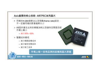 Axis重要的核心技術- ARTPEC系列晶片

> 同樣的H.264演算法以及張數(frame rate)設定，
  不一定會同樣的影像檔案大小
> AXIS所產生出來的頻寬消耗以及儲存空間是目前
  市場上最小
   – 減少30%~50%

> 整體成本最低
   – 減少網路設備成本
   – 減少儲存空間成本
   – 減少施工成本

             市場上唯一自有品牌的設備與晶片原廠
  創新 • 開放 • 領航者
 