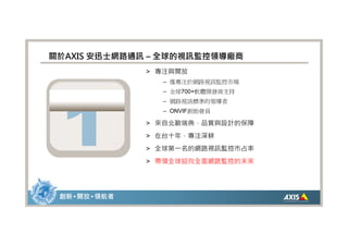 關於AXIS 安迅士網路通訊 – 全球的視訊監控領導廠商
                 > 專注與開放
                   – 僅專注於網路視訊監控市場
                   – 全球700+軟體開發商支持
                   – 網路視訊標準的領導者
                   – ONVIF創始會員

                 > 來自北歐瑞典，品質與設計的保障
                 > 在台十年，專注深耕
                 > 全球第一名的網路視訊監控市占率
                 > 帶領全球迎向全面網路監控的未來




 創新 • 開放 • 領航者
 