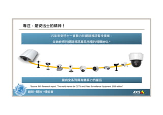 專注，是安迅士的精神！

                        15年來安迅士一直致力於網路視訊監控領域，
                           並始終保持網路視訊產品市場的領導地位.*




                                     擁有全系列具有競爭力的產品
  *Source: IMS Research report, “The world market for CCTV and Video Surveillance Equipment, 2009 edition”


 創新 • 開放 • 領航者
 