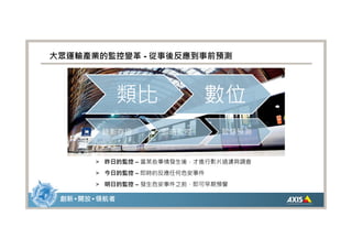 大眾運輸產業的監控變革 - 從事後反應到事前預測




                 類比          數位
          錄影存證        即時監控       智慧預測


         > 昨日的監控 – 當某些事情發生後，才進行影片過濾與調查
         > 今日的監控 – 即時的反應任何危安事件
         > 明日的監控 – 發生危安事件之前，即可早期預警

 創新 • 開放 • 領航者
 
