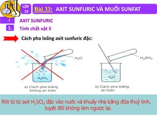 Cách pha loãng axit sunfuric đặc:
LỚP
10 Bài 33: AXIT SUNFURIC VÀ MUỐI SUNFAT
I AXIT SUNFURIC
1. Tính chất vật lí
Rót từ từ axit H2SO4 đặc vào nước và khuấy nhẹ bằng đũa thuỷ tinh,
tuyệt đối không làm ngược lại.
 