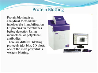 Protein Blotting
Protein blotting is an
analytical Method that
involves the immobilization
Of proteins on membranes
before...