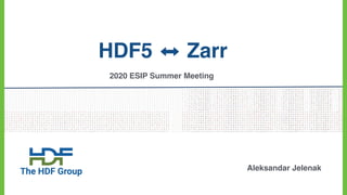 HDF5 ⬌ Zarr
2020 ESIP Summer Meeting
Aleksandar Jelenak
 