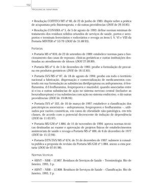 • Resolução COFFITO/MT nº 60, de 22 de junho de 1985: dispõe sobre a prática
de acupuntura pelo fisioterapeuta, e dá outras providências (DOU de 29.10.85).
• Resolução CONAMA nº 5, de 5 de agosto de 1993: define normas mínimas de
tratamento dos resíduos sólidos oriundos de serviços de saúde, portos e aero-
portos e terminais ferroviários e rodoviários e revoga os itens I, V, VI e VIII da
Portaria MINTER nº 53/79 (DOU de 31.08.93).
Portarias
• Portaria MS nº 810, de 22 de setembro de 1989: estabelece normas para o fun-
cionamento das casas de repouso, clínicas geriátricas e outras instituições des-
tinadas ao atendimento de idosos (DOU 27.09.89).
• Portaria MS nº 4, de 3 de dezembro de 1985: proíbe a formulação de procaí-
na em produtos geriátricos (DOU de 18.12.85).
• Portaria SVS/MS nº 87, de 18 de agosto de 1994: proíbe em todo o território
nacional a fabricação, dispensação e comercialização de medicamentos con-
tendo em sua formulação as substâncias dietilpropiona ou anfepramona, d-fen-
fluramina, d-I-fenfluramina, fenproporex e mazindol, quando associadas entre
si e/ou a outras substâncias de ação no sistema nervoso central (inclusive as
benzodiazepinas) e/ou substâncias com ação no sistema endócrino, e dá outras
providências (DOU de 19.08.94).
• Portaria SVS nº 103, de 10 de março de 1997: estabelece a classificação dos
psicotrópicos anoréxicos – anfepramona, fenproporex e fenfluramina –, utili-
zados por razões cosméticas, em casos de obesidade não-patológica, em três
classes, de acordo com o potencial decrescente de indução de dependência
(DOU de 11.03.97).
• Portaria MS/GM nº 1.884, de 11 de novembro de 1994: aprova normas técni-
cas destinadas ao exame e aprovação de projetos físicos de estabelecimentos
assistenciais de saúde e revoga a Portaria MS nº 400, de 6 de dezembro de 1977
(DOU de 15.12.94).
• Portaria DTN/SVS/MS nº 674, de 31 de dezembro de 1997: submete à consul-
ta pública a proposta de revisão da Portaria MS/GM nº 1.884, anexo a esta por-
taria (DOU de 07.01.98).
Normas técnicas
• ABNT – NBR – 12.807. Resíduos de Serviços de Saúde – Terminologia. Rio de
Janeiro, 1993, 3 p.
• ABNT – NBR – 12.808. Resíduos de Serviços de Saúde – Classificação. Rio de
Janeiro, 1993, 2 p.
VIGILÂNCIA SANITÁRIA
102
 