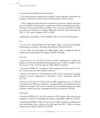 6. Aumento das mobilizações para doação.
7. Percentual anual de orientações realizadas, multas aplicadas, apreensões de
produtos, interdições de alas ou dos estabelecimentos, dentre outros.
Para a realização da fiscalização recomenda-se recorrer ao “Roteiro de Inspe-
ção em Unidades Hemoterápicas”, modelo de referência instituído para todo o
território nacional pela Portaria SVS/MS nº 121, de 24 de novembro de 1995,
que pode ser encontrado no Diário Oficial da União de 30 de novembro de
1995, nº 229, seção I, páginas 19767 a 19788.
Legislação consultada e recomendada sobre serviços hemoterápicos
Leis
• Lei nº 4.701, de 28 de junho de 1965: dispõe sobre o exercício da atividade
hemoterápica no Brasil, e dá outras providências (DOU de 01.07.65).
• Lei nº 7.649, de 25 de janeiro de 1988: dispõe sobre a obrigatoriedade do
cadastramento de doadores de sangue (DOU de 27.01.88).
Decretos
• Decreto-Lei nº 211, de 27 de fevereiro de 1967: regulamenta o registro dos
órgãos executores de atividades hemoterápicas a que se refere o artigo 3º, item
III, da Lei nº 4.701, de 28 de junho de 1965 (DOU de 27.02.67).
• Decreto nº 60.969, de 7 de julho de 1967: regulamenta o Decreto-Lei nº 211,
de 27 de fevereiro de 1967 (DOU de 10.07.67).
• Decreto nº 61.817, de 1º de dezembro de 1967: veda a exportação de sangue
humano, de seus componentes e derivados, e fixa a destinação (DOU de
05.12.67).
• Decreto nº 95.721, de 11 de fevereiro de 1988: regulamenta a Lei nº 7.649, de
25 de janeiro de 1988, que estabelece a obrigatoriedade do cadastramento dos
doadores de sangue, bem como a realização de exames laboratoriais no sangue
coletado, visando prevenir a propagação da doença (DOU de 12.02.88).
Resoluções
• Resolução CIPLAN nº 9, de 13 de outubro de 1987: dispõe sobre normas para
assegurar o controle de qualidade do sangue transfundido (DOU de 16.10.87).
• Resolução INAMPS nº 188, de 12 de maio de 1988: normatiza a realização de
teste imunológico para a detecção de anticorpos anti-HIV – ELISA no sangue
humano para a doação (DOU de 12.05.88).
VIGILÂNCIA SANITÁRIA
110
 