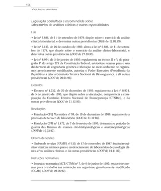 Legislação consultada e recomendada sobre
laboratórios de análises clínicas e outras especialidades
Leis
• Lei nº 6.686, de 11 de setembro de 1979: dispõe sobre o exercício da análise
clínico-laboratorial, e determina outras providências (DOU de 12.09.79).
• Lei nº 7.135, de 26 de outubro de 1983: altera a Lei nº 6.686, de 11 de setem-
bro de 1979, que dispõe sobre o exercício da análise clínico-laboratorial, e
determina outras providências (DOU de 27.10.83).
• Lei nº 8.974, de 5 de janeiro de 1995: regulamenta os incisos II e V do pará-
grafo 1º do artigo 225 da Constituição Federal, estabelece normas para o uso
das técnicas de engenharia genética e liberação no meio ambiente de organis-
mos geneticamente modificados, autoriza o Poder Executivo (Presidência da
República) a criar a Comissão Técnica Nacional de Biossegurança, e dá outras
providências (DOU de 06.01.95).
Decretos
• Decreto nº 1.752, de 20 de dezembro de 1995: regulamenta a Lei nº 8.974,
de 5 de janeiro de 1995, que dispõe sobre a vinculação, competência e com-
posição da Comissão Técnica Nacional de Biossegurança (CTNBio), e dá
outras providências (DOU de 21.12.95).
Resoluções
• Resolução CFQ Normativa nº 99, de 19 de dezembro de 1986: regulamenta a
profissão de técnico de laboratório (DOU de 31.12.86).
• Resolução CFM nº 1.472, de 7 de fevereiro de 1997: determina o período de
guarda das lâminas de exames cito-histopatológicos e anatomopatológicos
(DOU de 10.03.97).
Ordens de serviço
• Ordem de serviço INAMPS nº 150, de 17 de novembro de 1987: institui requi-
sitos técnicos mínimos para o credenciamento de laboratórios de patologia clí-
nica e/ou análises clínicas, e dá outras providências (DOU de 24.11.87).
Instruções normativas
• Instrução normativa MCT/CTNM nº 7, de 6 de junho de 1997: estabelece nor-
mas para o trabalho em contenção em organismo geneticamente modificado
(OGMs) (DOU de 09.06.97).
VIGILÂNCIA SANITÁRIA
156
 