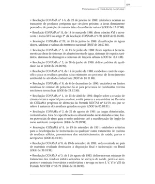 • Resolução CONAMA nº 1-A, de 23 de janeiro de 1986: estabelece normas ao
transporte de produtos perigosos que circulem próximo a áreas densamente
povoadas, de proteção de mananciais e do ambiente natural (DOU de 17.02.86).
• Resolução CONAMA nº 11, de 18 de março de 1986: altera o inciso XVI e acres-
centa o inciso XVII ao artigo 2º da Resolução CONAMA nº 1/86 (DOU de 02.05.86).
• Resolução CONAMA nº 20, de 18 de junho de 1986: classificação de águas
doces, salobras e salinas do território nacional (DOU de 30.07.86).
• Resolução CONAMA nº 5, de 15 de junho de 1988: ficam sujeitas à licencia-
mento as obras de sistemas de abastecimento de água, sistemas de esgotos sani-
tários, sistemas de drenagem e sistemas de limpeza urbana (DOU de 16.11.88).
• Resolução CONAMA nº 3, de 28 de junho de 1990: define padrões de quali-
dade do ar (DOU de 22.08.90).
• Resolução CONAMA nº 6, de 15 de junho de 1988: estabelece controle espe-
cífico para os resíduos gerados e/ou existentes no processo de licenciamento
ambiental de atividades industriais (DOU de 16.11.88).
• Resolução CONAMA nº 8, de 6 de dezembro de 1990: estabelece os limites
máximos de emissão de poluente do ar para processos de combustão externa
em fontes novas fixas (DOU de 28.12.90).
• Resolução CONAMA nº 1, de 25 de abril de 1991: dispõe sobre a criação de
câmara técnica especial para analisar, emitir parecer e encaminhar ao Plenário
do CONAMA proposta de alteração da Portaria MINTAR nº 53/79, no que se
refere à natureza dos resíduos gerados no país (DOU de 03.03.91).
• Resolução CONAMA nº 2, de 22 de agosto de 1991: as cargas deterioradas,
contaminadas, fora de especificação ou abandonadas serão tratadas como fon-
tes potenciais de risco para o meio ambiente, até a manifestação do órgão do
meio ambiente competente (DOU de 20.09.91).
• Resolução CONAMA nº 6, de 19 de setembro de 1991: estabelece critérios
para a desobrigação de incineração ou qualquer outro tratamento de queima
de resíduos sólidos, provenientes dos estabelecimentos de saúde, portos e
aeroportos (DOU 30.10.91).
• Resolução CONAMA nº 8, de 19 de setembro de 1991: veda a entrada no país
de materiais residuais destinados à disposição final e incineração no Brasil
(DOU de 30.10.91).
• Resolução CONAMA nº 5, de 5 de agosto de 1993: define normas mínimas de
tratamento dos resíduos sólidos oriundos de serviços de saúde, portos e aero-
portos e terminais ferroviários e rodoviários e revoga os itens I, V, VI e VIII da
Portaria MINTER nº 53/79 (DOU de 31.08.93).
PROGRAMAS DE VIGILÂNCIA SANITÁRIA
189
 