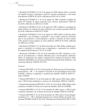 • Resolução CONAMA nº 6, de 31 de agosto de 1993: dispõe sobre o controle
de emissão de gases, partículas e ruído de veículos automotores, e dá outras
providências (DOU de 01.10.93, retificada em DOU de 21.10.93).
• Resolução CONAMA nº 7, de 31 de agosto de 1993: estabelece padrões de
limite de emissão de gases poluentes por veículos automotores (DOU de
01.10.93, retificada em DOU de 21.10.93).
• Resolução CONAMA nº 8, de 31 de agosto de 1993: estabelece os padrões de
limite máximo de emissão de gases poluentes por veículos pesados (DOU de
01.10.93, retificada em DOU de 21.10.93).
• Resolução CONAMA nº 9, de 31 de agosto de 1993: define os diversos óleos
lubrificantes, sua reciclagem, combustão e seu re-refino, prescreve diretrizes
para a sua produção e comercialização e proíbe o descarte de óleos usados
onde possam causar prejuízo ao meio ambiente (DOU de 01.10.93, retificada
em DOU de 21.10.93).
• Resolução CONAMA nº 37, de 30 de dezembro de 1994: define resíduos peri-
gosos e estabelece os critérios para a importação e exportação de resíduos
(revogada pela Resolução nº 23, de 12.12.96).
• Resolução CONAMA nº 237, de 19 de dezembro de 1997: estabelece a revi-
são de procedimentos e critérios utilizados para o licenciamento ambiental,
define as atribuições dos órgãos competentes do Sistema Nacional de Meio
Ambiente (SISNAMA) na execução da Política Nacional de Meio Ambiente, e dá
outras providências (DOU de 22.12.97).
Portarias
• Portaria SSST/MTb nº 3.214, de 8 de junho de 1978: aprova as Normas Regu-
lamentadoras – NR – 7, do capítulo V do título II, da Consolidação das Leis do
Trabalho, relativas à segurança e medicina do trabalho (DOU de 06.07.78 –
Supl. 14.08.92).
• Portaria SSST/MTb nº 12, de 6 de junho de 1983: aprova NR 8 sobre edifica-
ções e NR 10 sobre instalações e serviços em eletricidade (DOU de 14.06.83).
• Portaria Interministerial MTb/MS nº 3.257, de 22 de 09 de 1988: dispõe sobre
restrições ao hábito de fumar em recinto de trabalho (DOU de 23.09.88).
• Portaria SSST/MTb nº 13, de 17 de setembro de 1993: aprova a NR 24 sobre
condições sanitárias e de conforto nos locais de trabalho (DOU de 21.09.93).
• Portaria SSST/MTb nº 24, de 29 de dezembro de 1994: aprova Norma Regula-
mentadora nº 7 – NR 7, intitulada Programa de Controle Médico de Saúde Ocu-
pacional (PCMSO) (DOU de 30.12.94). Alterada pela Portaria SSST/MTb nº 8/96.
VIGILÂNCIA SANITÁRIA
190
 