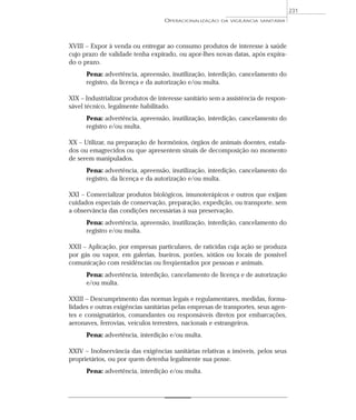 XVIII – Expor à venda ou entregar ao consumo produtos de interesse à saúde
cujo prazo de validade tenha expirado, ou apor-lhes novas datas, após expira-
do o prazo.
Pena: advertência, apreensão, inutilização, interdição, cancelamento do
registro, da licença e da autorização e/ou multa.
XIX – Industrializar produtos de interesse sanitário sem a assistência de respon-
sável técnico, legalmente habilitado.
Pena: advertência, apreensão, inutilização, interdição, cancelamento do
registro e/ou multa.
XX – Utilizar, na preparação de hormônios, órgãos de animais doentes, estafa-
dos ou emagrecidos ou que apresentem sinais de decomposição no momento
de serem manipulados.
Pena: advertência, apreensão, inutilização, interdição, cancelamento do
registro, da licença e da autorização e/ou multa.
XXI – Comercializar produtos biológicos, imunoterápicos e outros que exijam
cuidados especiais de conservação, preparação, expedição, ou transporte, sem
a observância das condições necessárias à sua preservação.
Pena: advertência, apreensão, inutilização, interdição, cancelamento do
registro e/ou multa.
XXII – Aplicação, por empresas particulares, de raticidas cuja ação se produza
por gás ou vapor, em galerias, bueiros, porões, sótãos ou locais de possível
comunicação com residências ou freqüentados por pessoas e animais.
Pena: advertência, interdição, cancelamento de licença e de autorização
e/ou multa.
XXIII – Descumprimento das normas legais e regulamentares, medidas, forma-
lidades e outras exigências sanitárias pelas empresas de transportes, seus agen-
tes e consignatários, comandantes ou responsáveis diretos por embarcações,
aeronaves, ferrovias, veículos terrestres, nacionais e estrangeiros.
Pena: advertência, interdição e/ou multa.
XXIV – Inobservância das exigências sanitárias relativas a imóveis, pelos seus
proprietários, ou por quem detenha legalmente sua posse.
Pena: advertência, interdição e/ou multa.
OPERACIONALIZAÇÃO DA VIGILÂNCIA SANITÁRIA
231
 