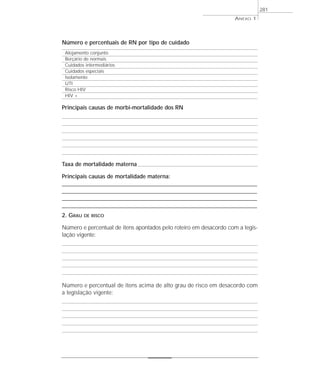 Número e percentuais de RN por tipo de cuidado
Alojamento conjunto
Berçário de normais
Cuidados intermediários
Cuidados especiais
Isolamento
UTI
Risco HIV
HIV +
Principais causas de morbi-mortalidade dos RN
Taxa de mortalidade materna
Principais causas de mortalidade materna:
____________________________________________________________________________________________________
____________________________________________________________________________________________________
____________________________________________________________________________________________________
____________________________________________________________________________________________________
2. GRAU DE RISCO
Número e percentual de itens apontados pelo roteiro em desacordo com a legis-
lação vigente:
Número e percentual de itens acima de alto grau de risco em desacordo com
a legislação vigente:
ANEXO 1
281
 