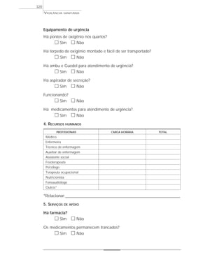 VIGILÂNCIA SANITÁRIA
320
Equipamento de urgência
Há pontos de oxigênio nos quartos?
ᮀ Sim ᮀ Não
Há torpedo de oxigênio montado e fácil de ser transportado?
ᮀ Sim ᮀ Não
Há ambu e Guedel para atendimento de urgência?
ᮀ Sim ᮀ Não
Há aspirador de secreção?
ᮀ Sim ᮀ Não
Funcionando?
ᮀ Sim ᮀ Não
Há medicamentos para atendimento de urgência?
ᮀ Sim ᮀ Não
4. RECURSOS HUMANOS
PROFISSIONAIS CARGA HORÁRIA TOTAL
Médico
Enfermeira
Técnico de enfermagem
Auxiliar de enfermagem
Assistente social
Fisioterapeuta
Psicólogo
Terapeuta ocupacional
Nutricionista
Fonoaudiólogo
Outros*
*Relacionar:____________________________________________________________________________________
5. SERVIÇOS DE APOIO
Há farmácia?
ᮀ Sim ᮀ Não
Os medicamentos permanecem trancados?
ᮀ Sim ᮀ Não
 