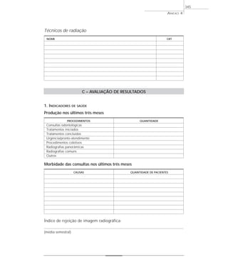 Técnicos de radiação
NOME CRT
C – AVALIAÇÃO DE RESULTADOS
1. INDICADORES DE SAÚDE
Produção nos últimos três meses
PROCEDIMENTOS QUANTIDADE
Consultas odontológicas
Tratamentos iniciados
Tratamentos concluídos
Urgência/pronto-atendimento
Procedimentos coletivos
Radiografias panorâmicas
Radiografias comuns
Outros
Morbidade das consultas nos últimos três meses
CAUSAS QUANTIDADE DE PACIENTES
Índice de rejeição de imagem radiográfica:
(média semestral)
ANEXO 4
345
 