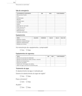 Sala de emergência
EQUIPAMENTOS DISPONÍVEIS SIM NÃO FUNCIONANDO
Maca/cama Fowler
ECG
Desfibrilador
Monitor
Laringoscópio
Cânulas
Ambu
Aspirador de secreção
Fonte fixa de O2
Torpedo de O2
Medicamentos
Tomadas suficientes
Equipamentos
TIPOS AGUDOS RESERVAS SALA B SALA A SALA HIV
Máquina simples
Máquina simples/tanque
Máquina dupla/tanque
Módulo da central
Há manutenção dos equipamentos, comprovada?
ᮀ Sim ᮀ Não
Equipamentos de segurança
TIPOS SIM NÃO FUNCIONANDO
Monitor de pressão do dialisado
Monitor de pressão de linha venosa e arterial
Monitor de temperatura
Detector de bolhas
Sistema de interrupção da diálise
(falta de água, processo de desinfecção)
Tratamento da água
O abastecimento da água é realizado por:
Sistema de abastecimento de água da região?
ᮀ Sim ᮀ Não
Poços artesianos?
ᮀ Sim ᮀ Não
Açudes?
ᮀ Sim ᮀ Não
VIGILÂNCIA SANITÁRIA
362
 