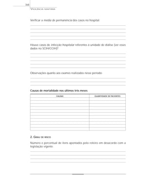 Verificar a média de permanência dos casos no hospital:
Houve casos de infecção hospitalar referentes à unidade de diálise (ver esses
dados no SCIH/CCIH)?
Observações quanto aos exames realizados nesse período:
Causas de mortalidade nos últimos três meses
CAUSAS QUANTIDADE DE PACIENTES
2. GRAU DE RISCO
Número e percentual de itens apontados pelo roteiro em desacordo com a
legislação vigente:
VIGILÂNCIA SANITÁRIA
368
 