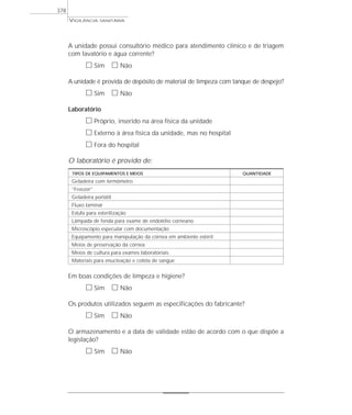 A unidade possui consultório médico para atendimento clínico e de triagem
com lavatório e água corrente?
ᮀ Sim ᮀ Não
A unidade é provida de depósito de material de limpeza com tanque de despejo?
ᮀ Sim ᮀ Não
Laboratório
ᮀ Próprio, inserido na área física da unidade
ᮀ Externo à área física da unidade, mas no hospital
ᮀ Fora do hospital
O laboratório é provido de:
TIPOS DE EQUIPAMENTOS E MEIOS QUANTIDADE
Geladeira com termômetro
“Freezer”
Geladeira portátil
Fluxo laminar
Estufa para esterilização
Lâmpada de fenda para exame de endotélio corneano
Microscópio especular com documentação
Equipamento para manipulação da córnea em ambiente estéril
Meios de preservação da córnea
Meios de cultura para exames laboratoriais
Materiais para enucleação e coleta de sangue
Em boas condições de limpeza e higiene?
ᮀ Sim ᮀ Não
Os produtos utilizados seguem as especificações do fabricante?
ᮀ Sim ᮀ Não
O armazenamento e a data de validade estão de acordo com o que dispõe a
legislação?
ᮀ Sim ᮀ Não
VIGILÂNCIA SANITÁRIA
378
 