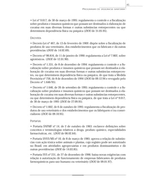 • Lei nº 9.017, de 30 de março de 1995: regulamenta o controle e a fiscalização
sobre produtos e insumos químicos que possam ser destinados à elaboração de
cocaína em suas diversas formas e outras substâncias entorpecentes ou que
determinem dependência física ou psíquica (DOU de 31.05.95).
Decretos
• Decreto Lei nº 467, de 13 de fevereiro de 1969: dispõe sobre a fiscalização de
produtos de uso veterinário, dos estabelecimentos que os fabricam e dá outras
providências (DOU de 14.02.69).
• Decreto nº 98.816, de 11 de janeiro de 1990: regulamenta a Lei nº 7.802, sobre
agrotóxicos. (DOU de 12.01.90).
• Decreto nº 1.331, de 8 de dezembro de 1994: regulamenta o controle e a fis-
calização sobre produtos e insumos químicos que possam ser destinados à ela-
boração de cocaína em suas diversas formas e outras substâncias entorpecen-
tes, ou que determinem dependência física ou psíquica, de que trata a Medida
Provisória nº 756, de 8 de dezembro de 1994 (DOU de 09.12.94 e revogado pelo
Decreto nº 1.646/95).
• Decreto nº 1.646, de 26 de setembro de 1995: regulamenta o controle e a fis-
calização sobre produtos e insumos químicos que possam ser destinados à ela-
boração de cocaína em suas diversas formas e outras substâncias entorpecentes,
ou que determinem dependência física ou psíquica, de que trata a Lei nº 9.017,
de 30 de março de 1995 (DOU de 27.09.95).
• Decreto nº 1.662, de 6 de outubro de 1995: regulamenta a fiscalização de pro-
dutos de uso veterinário e dos estabelecimentos que os fabriquem e/ou comer-
cializem (DOU de 09.10.95).
Portarias
• Portaria SNFMF nº 14, de 2 de outubro de 1963: esclarece definições sobre
conceitos e terminologias relativos a droga, produto químico, especialidades
farmacêuticas, etc. (DOU de 06.02.64).
• Portaria SNVS/MS nº 10, de 8 de março de 1985: aprova a relação de substân-
cias com ação tóxica sobre animais e plantas, cujo registro pode ser autorizado
no Brasil, em atividades agropecuárias e em produtos domissanitários e dá
outras providências (DOU de 14.03.85).
• Portaria SVS nº 231, de 27 de dezembro de 1996: baixa novas exigências com
relação à autorização de funcionamento de empresas fabricantes de produtos
farmoquímicos para uso humano ou veterinário (DOU de 09.01.97).
PROGRAMAS DE VIGILÂNCIA SANITÁRIA
45
 