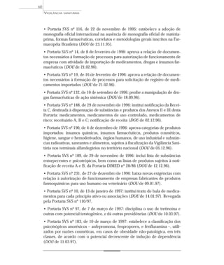• Portaria SVS nº 116, de 22 de novembro de 1995: estabelece a adoção de
monografia oficial internacional na ausência de monografia oficial de matéria-
prima, formas farmacêuticas, correlatos e metodologias gerais inscritos na Far-
macopéia Brasileira (DOU de 23.11.95).
• Portaria SVS nº 14, de 8 de fevereiro de 1996: aprova a relação de documen-
tos necessários à formação de processos para autorização de funcionamento de
empresa com atividade de importação de medicamentos, drogas e insumos far-
macêuticos (DOU de 21.02.96).
• Portaria SVS nº 19, de 16 de fevereiro de 1996: aprova a relação de documen-
tos necessários à formação de processos para solicitação de registro de medi-
camentos importados (DOU de 21.02.96).
• Portaria SVS nº 132, de 10 de setembro de 1996: proíbe a manipulação de dro-
gas farmacêuticas de ação sistêmica (DOU de 18.09.96).
• Portaria SVS nº 188, de 29 de novembro de 1996: institui notificação da Recei-
ta C, destinada à dispensação de substâncias e produtos dos Anexos II e III desta
Portaria: medicamentos, medicamentos de uso controlado, medicamentos de
risco; receituário A, B e C; notificação de receita (DOU de 02.12.96).
• Portaria SVS nº 190, de 4 de dezembro de 1996: aprova categorias de produtos
importados: insumos químicos, insumos farmacêuticos, produtos cosméticos,
higiene, sangue e hemoderivados, órgãos humanos, de uso industrial e substân-
cias radioativas, saneantes e alimentos, sujeitos à fiscalização da Vigilância Sani-
tária nos terminais alfandegários no território nacional (DOU de 05.12.96).
• Portaria SVS nº 189, de 29 de novembro de 1996: inclui lista de substâncias
entorpecentes e psicotrópicos, bem como as listas de produtos sujeitos à noti-
ficação de receita A e B, da Portaria DIMED nº 28/86 (DOU de 12.12.96).
• Portaria SVS nº 231, de 27 de dezembro de 1996: baixa novas exigências com
relação à autorização de funcionamento de empresas fabricantes de produtos
farmoquímicos para uso humano ou veterinário (DOU de 09.01.97).
• Portaria SVS nº 10, de 13 de janeiro de 1997: institui texto de bula de medica-
mentos para cada princípio ativo ou associações (DOU de 14.01.97). Revogada
pela Portaria SVS nº 110/97.
• Portaria SVS nº 97, de 7 de março de 1997: disciplina o uso de tretinoína e
outras com potencial teratogênico, e dá outras providências (DOU de 10.03.97).
• Portaria SVS nº 103, de 10 de março de 1997: estabelece a classificação dos
psicotrópicos anoréxicos – anfepromona, fenproporex, e fenfluramina –, utili-
zados por razões cosméticas, em casos de obesidade não-patológica, em três
classes, de acordo com o potencial decrescente de indução de dependência
(DOU de 11.03.97).
VIGILÂNCIA SANITÁRIA
60
 
