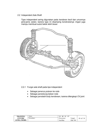 2.2 Independent Axle Shaft
Type independent sering digunakan pada kendaran kecil dan umumnya
jenis-jenis sedan, karena type ini disamping konstruksinya ringan juga
mampu membuat sudut belok lebih besar.
2.2.1 Fungsi axle shaft pada tipe independent
• Sebagai penerus putaran ke roda
• Sebagai pendukung beban roda
• Sebagai penstabil body kendaraan, karena dilengkapi CV joint.
TRAINING
CENTRE
ASTRA MOBIL
Nama : 10 40 01 07
Perusahaan : Penyusunan : Tanggal : 10 of 14
Ars/Hut Peb ’98
 