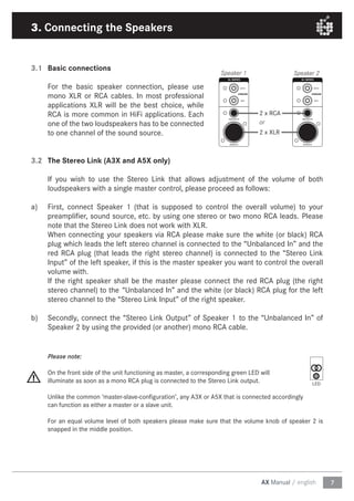7AX Manual / english
3.1	 Basic connections
For the basic speaker connection, please use
mono XLR or RCA cables. In most p...